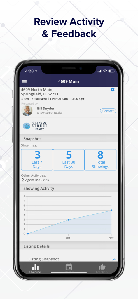 Home by ShowingTime app screen displaying a real estate property showing activity snapshot and feedback summary.