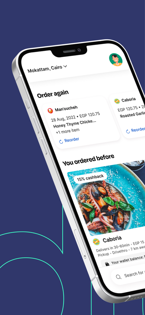 Dyma app screen displaying past food orders and a reorder feature for easy checkout.