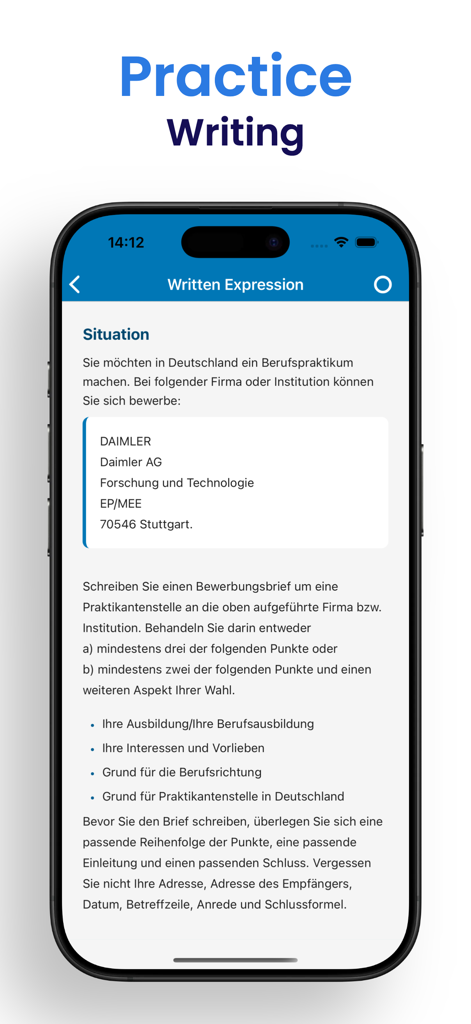 German Exam Prep | B2 Prüfung - A mobile app screen for German B2 writing practice featuring an internship application task.
