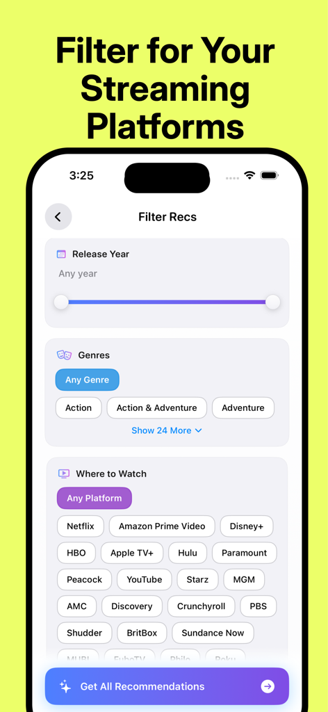 MoviePal - Find Movies & Shows - Pantalla de la aplicación MoviePal mostrando filtros por año de lanzamiento, género y plataformas de streaming como Netflix y Disney Plus.