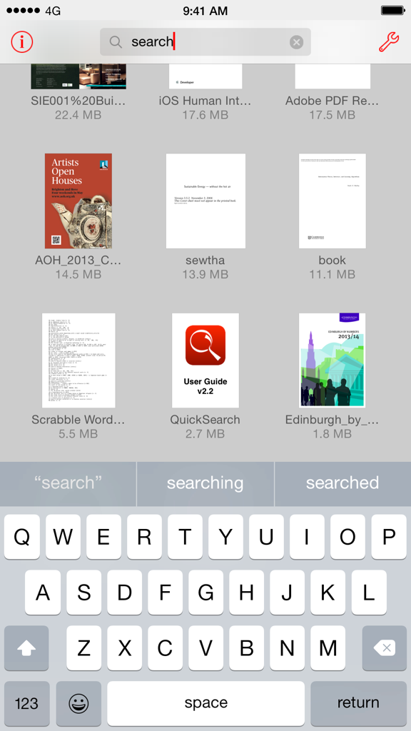 QuickSearch PDF Reader App-Oberfläche, die ein Raster von PDF-Dokumenten und eine Suchleiste zeigt.