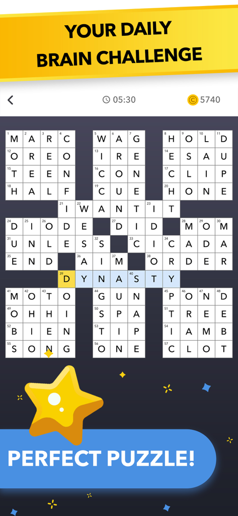 A completed daily crossword puzzle grid with a perfect puzzle celebration message and gold star