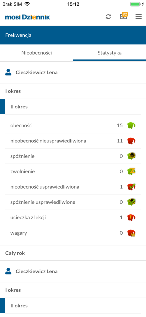 A screen from the mobiDziennik app displaying student attendance statistics including presence and absences