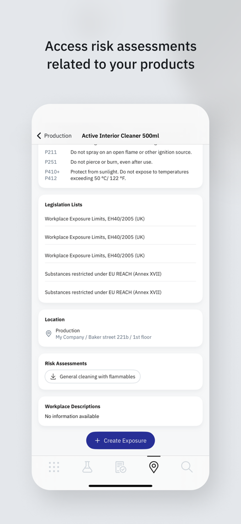 Chemical Manager - Chemical Manager app screen showing product risk assessments and safety compliance information