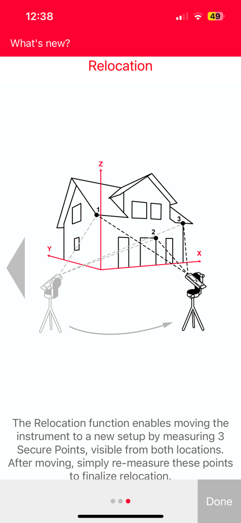 Leica DISTO Plan - Diagram illustrating the relocation function for moving measurement instruments in the Leica DISTO Plan app