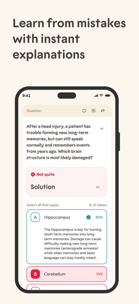 Educato app screen showing a medical exam practice question with a detailed solution explanation for learning from mistakes.
