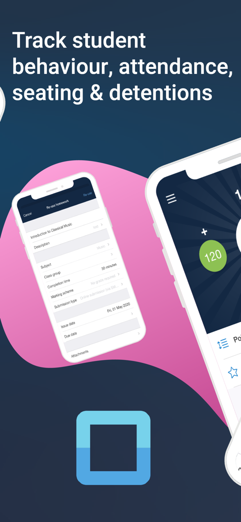 Interfaz de la aplicación Satchel One que muestra funciones de seguimiento del comportamiento y asistencia del estudiante