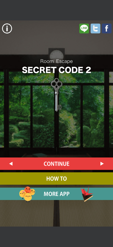 Home screen of the Room Escape Secret Code 2 mobile game showing the title and game navigation buttons