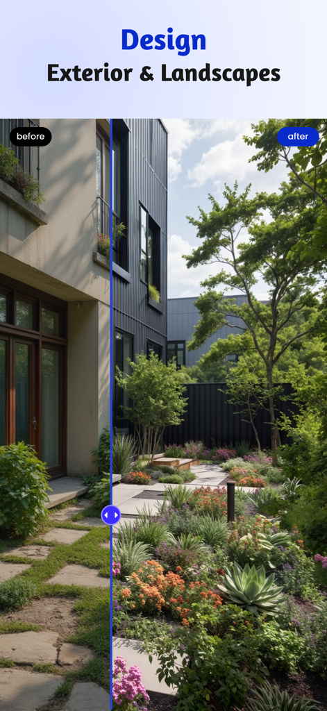 AI Home Design: Ideal House - Before and after comparison of an AI-generated exterior home landscape design