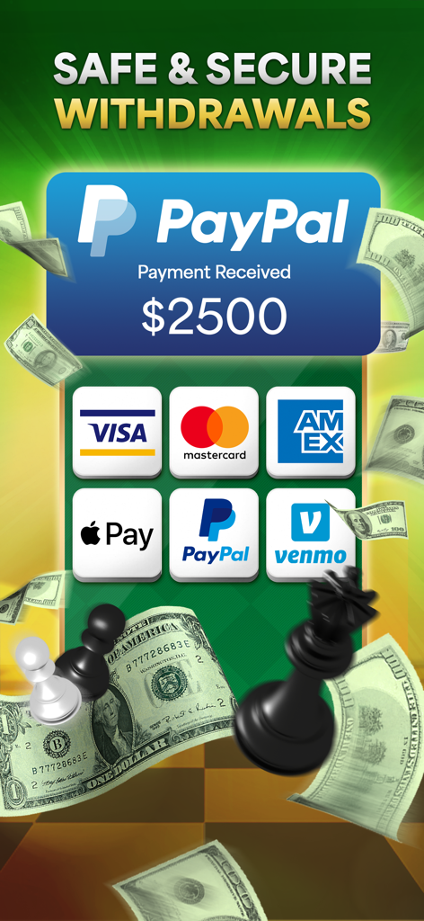Chess Payday : Win Real Money - Opciones de retiro seguras para Chess Payday mostrando PayPal y tarjetas de crédito