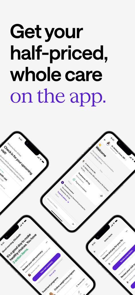 Sesame: Telehealth Care & More - Multiple smartphone screens showing the Sesame app for affordable telehealth doctor visits and prescriptions