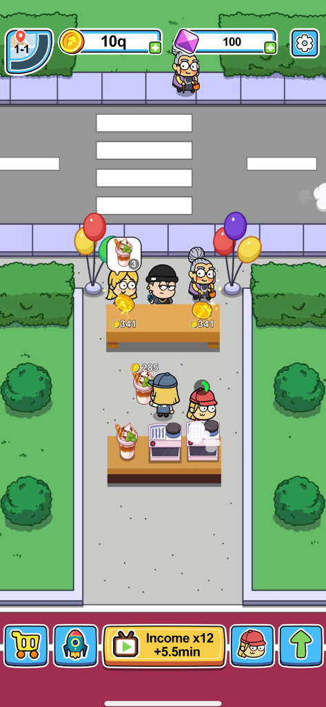 Idle Food Bar: Olivia & Oliver - Gameplay screenshot of Idle Food Bar showing characters serving coffee to customers at an outdoor street stall.