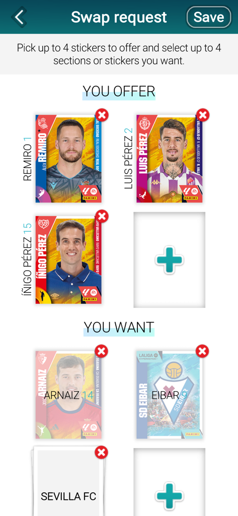 Panini Digital Collections - Interfaz de la app Colecciones Digitales Panini mostrando una pantalla de solicitud de intercambio donde los usuarios pueden intercambiar cromos digitales