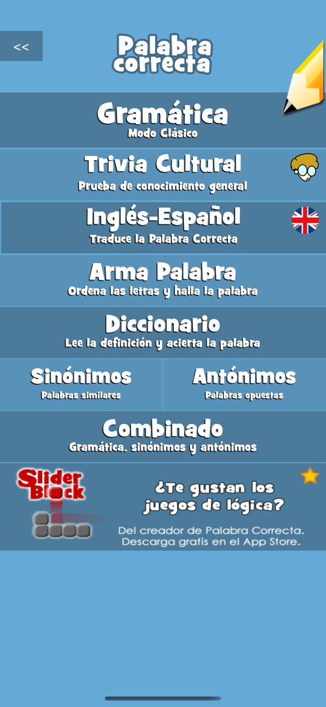 Palabra Correcta - Pantalla del menú principal de la aplicación Palabra Correcta que muestra modos de juego como Gramática, Trivia Cultural y Sinónimos