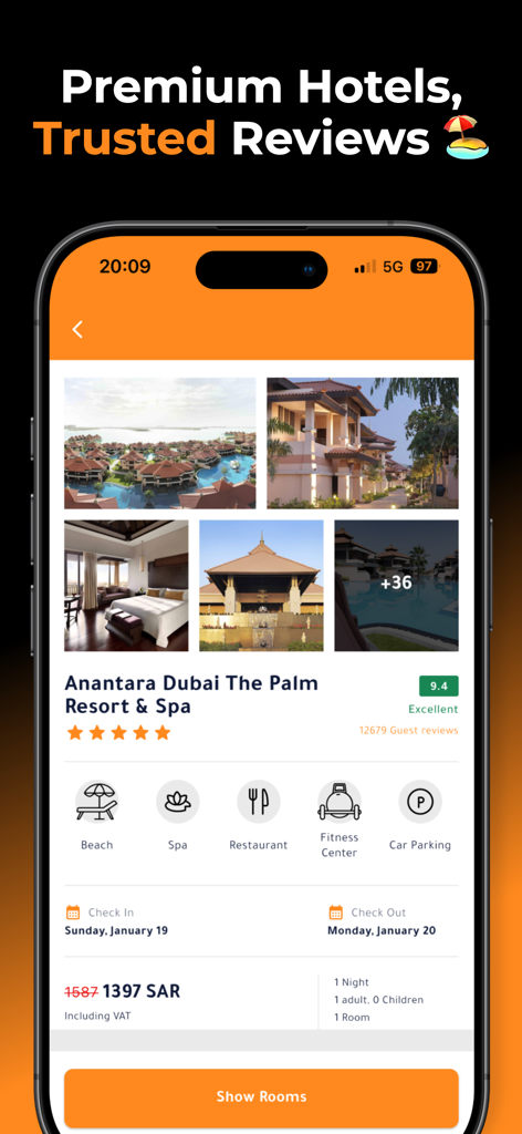 Otlaat app interface displaying luxury hotel booking details for Anantara Dubai The Palm Resort and Spa with price and reviews.