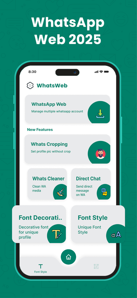 WT Web - Dual Chat - El panel principal de la aplicación WT Web Dual Chat mostrando funciones para la gestión de cuentas duales de WhatsApp y varias herramientas de utilidad.