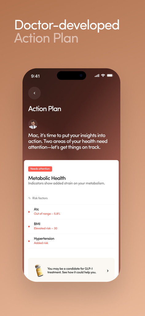 Hims app interface showing a personalized doctor developed action plan for metabolic health and GLP-1 treatment eligibility