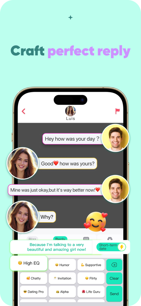 SynthTalk-Rizz AI assistant - SynthTalk AI keyboard interface providing charismatic reply suggestions for a dating chat