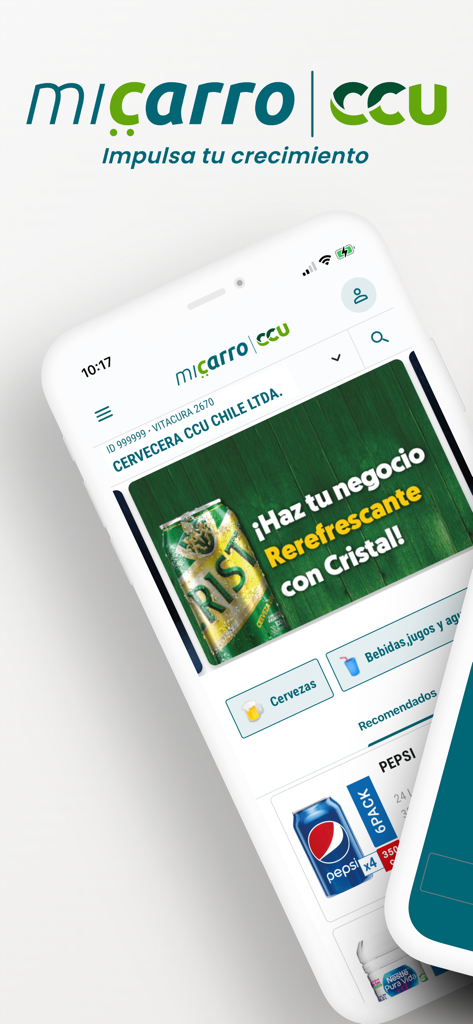 Mi Carro CCU - Schermata iniziale dell'app mobile Mi Carro CCU che mostra l'inventario delle bevande e le promozioni all'ingrosso per i proprietari di attività commerciali