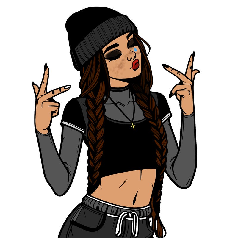 realistic teenage girl with braids and a beanie and crop top doing 🫶🏼