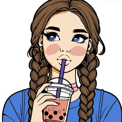 realistic girl with braided hair drinking boba