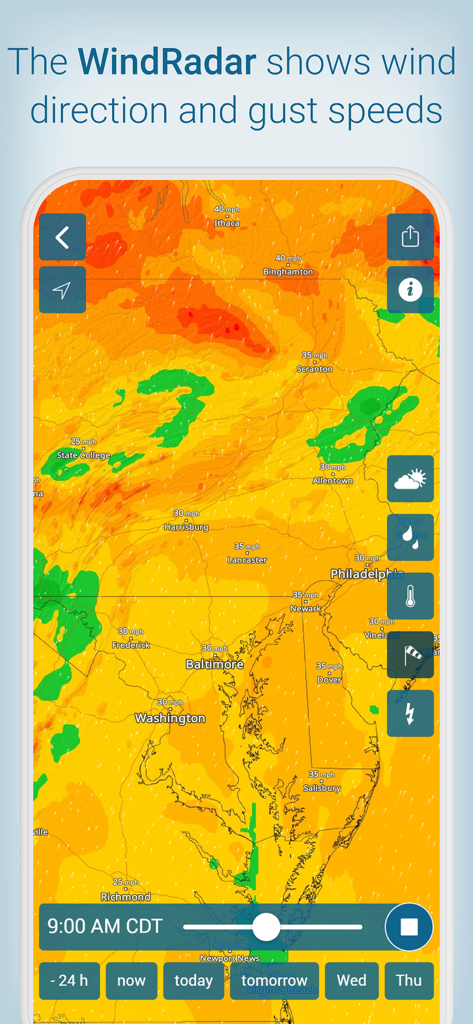 WindRadar map displaying wind direction and gust speeds