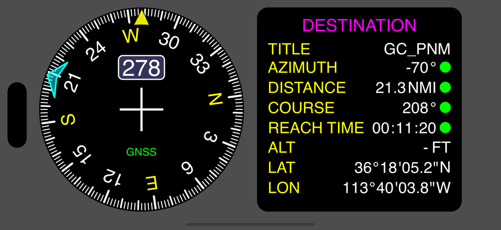 Panel de navegación digital con rumbo de brújula y datos de seguimiento de destino que incluyen distancia y coordenadas