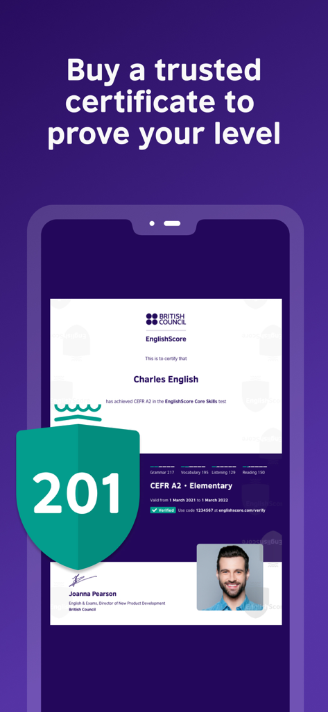 EnglishScore - CEFR A2レベルを表示するスマートフォンの画面に表示された英国文化振興会EnglishScoreプロフェッショナル証明書