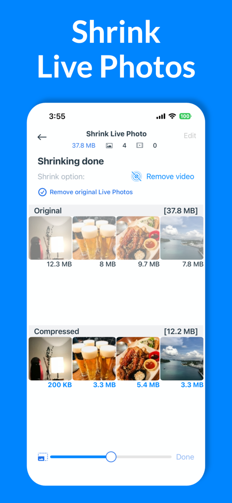 Cleansmith: Photo Cleaner - Interface do aplicativo Cleansmith mostrando o recurso Shrink Live Photos comparando tamanhos de fotos originais e comprimidos para economizar espaço de armazenamento.