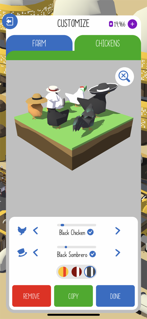 Egg Inc chicken customization screen showing a group of chickens wearing various hats on a small patch of grass with a menu for selecting chicken types and accessories.