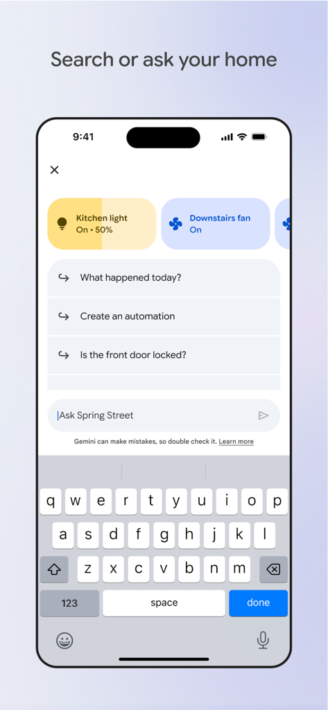 Google HomeアプリのGemini AIチャットインターフェース画面。照明やファンのスマートデバイスコントロールが表示されている。