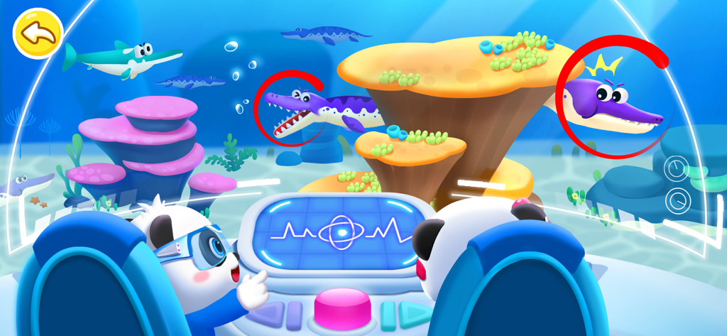 Little Panda: Dinosaur Rescue - Two little pandas in a high-tech spaceship observing marine dinosaurs underwater through a digital display.