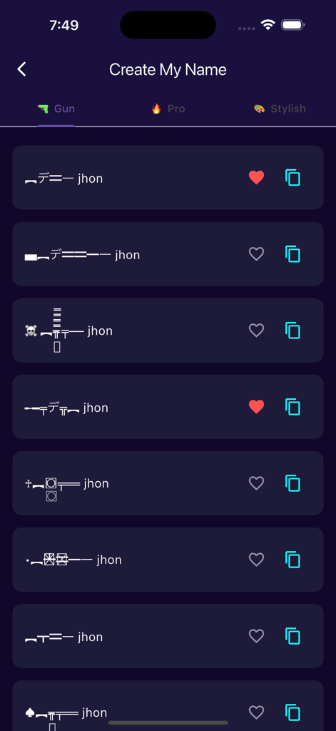 Name Generator For Games - A mobile screen showing a variety of gun-themed stylish nicknames with special symbols and characters