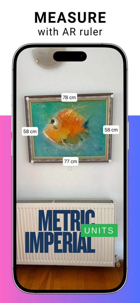 Augmented reality ruler in BIM Scanner app measuring a wall frame in metric units