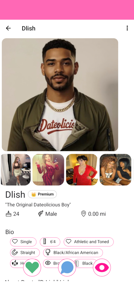 A detailed user profile on the Dateolicious dating app showing a male user's photos and personal information tags