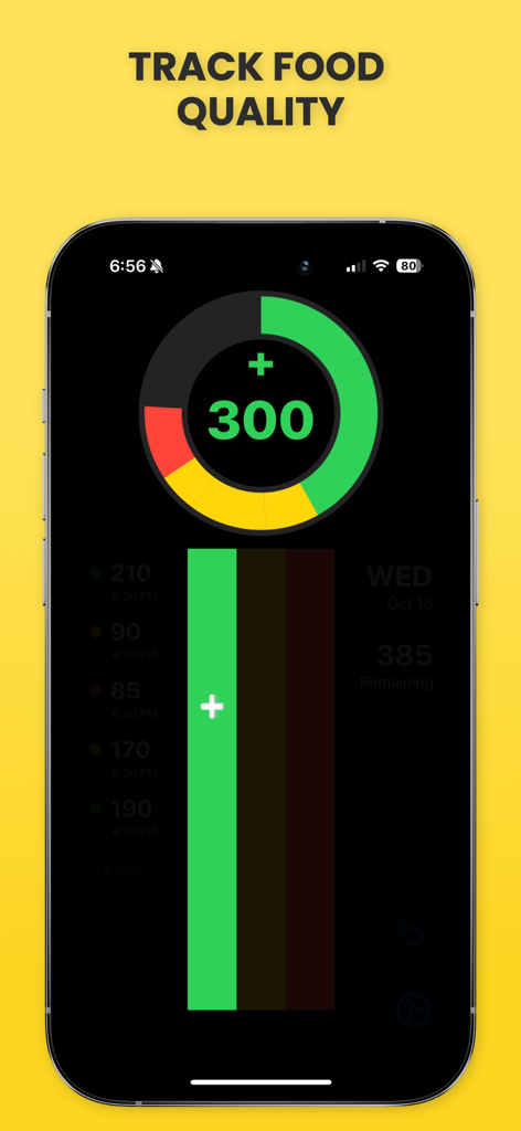 Easiest Calorie Counter - Interfaz de la aplicación El Contador de Calorías Más Fácil con un sistema de semáforo para rastrear la calidad de los alimentos