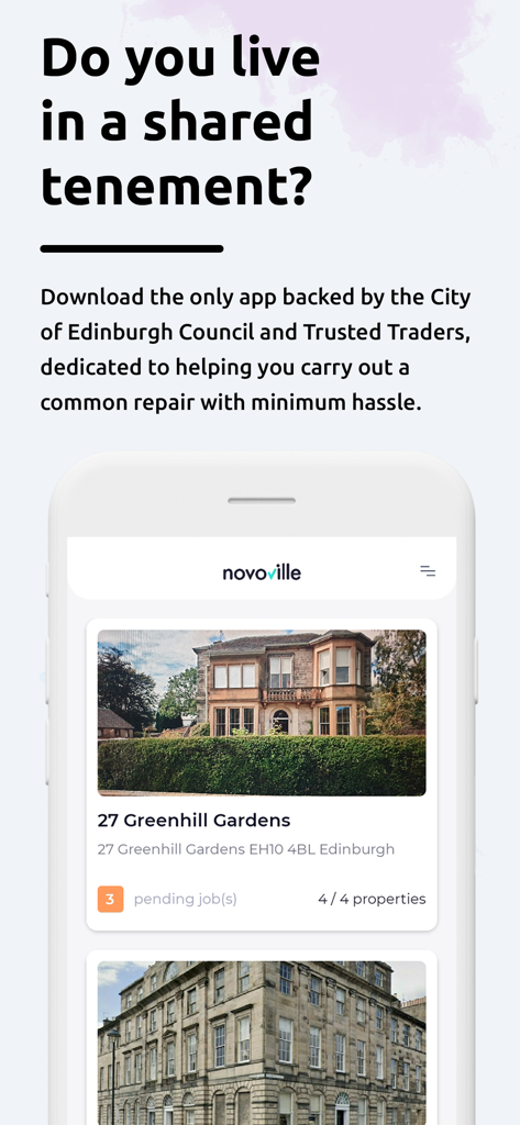 novoville - Schermata dell'app mobile Novoville per la gestione delle riparazioni e della manutenzione degli stabili condominiali condivisi