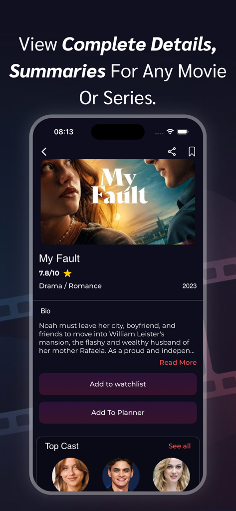 RAVE : Movies and TV shows - Interfaz de la aplicación RAVE que muestra información de la película, incluyendo resumen, miembros del elenco y opciones para agregar a la lista de seguimiento o planificador