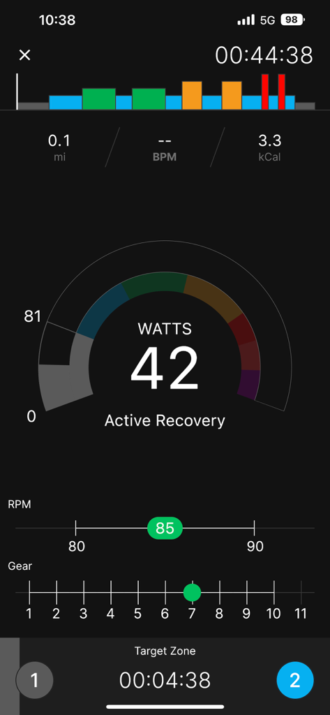 Real time fitness tracking on Keiser M Series app showing watts rpm and gear levels