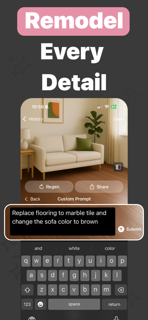AI Home Design app interface showing a custom text prompt to change flooring and sofa color in a living room