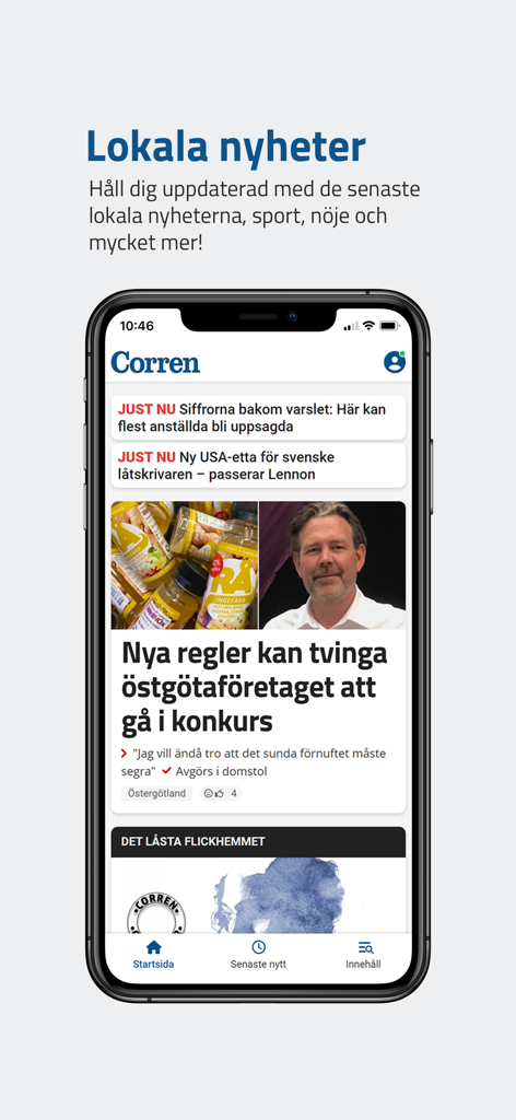 Corren - Die lokale Nachrichten-App Corren auf einem Smartphone, die schwedische Lokalnachrichten-Schlagzeilen anzeigt