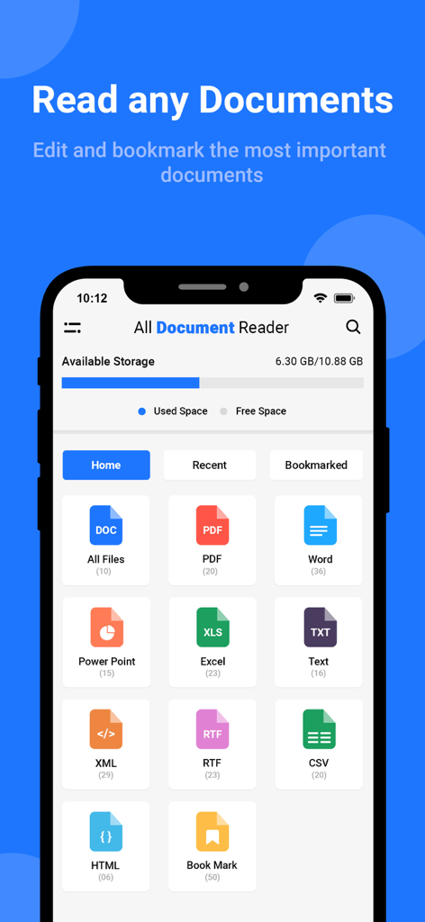 All Document Reader app dashboard displaying various file type icons like PDF Word Excel and Powerpoint