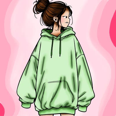realistic girl with a oversized sweatshirt on and a bun