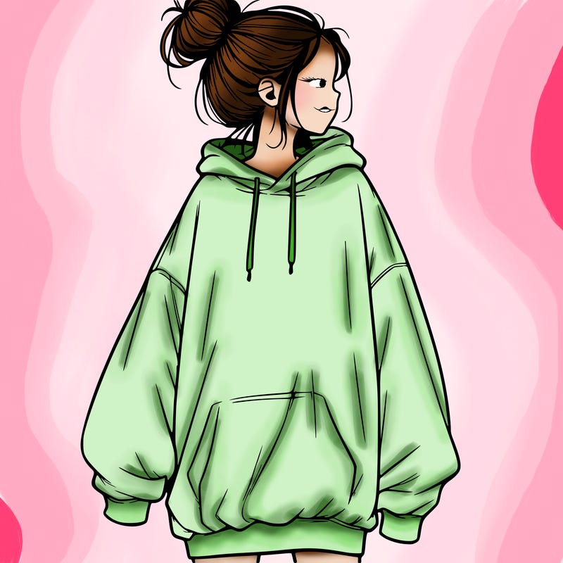 realistic girl with a oversized sweatshirt on and a bun