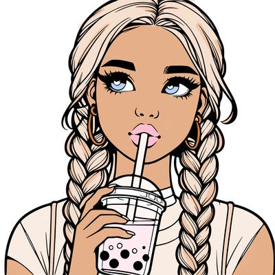 realistic girl with braided hair drinking boba