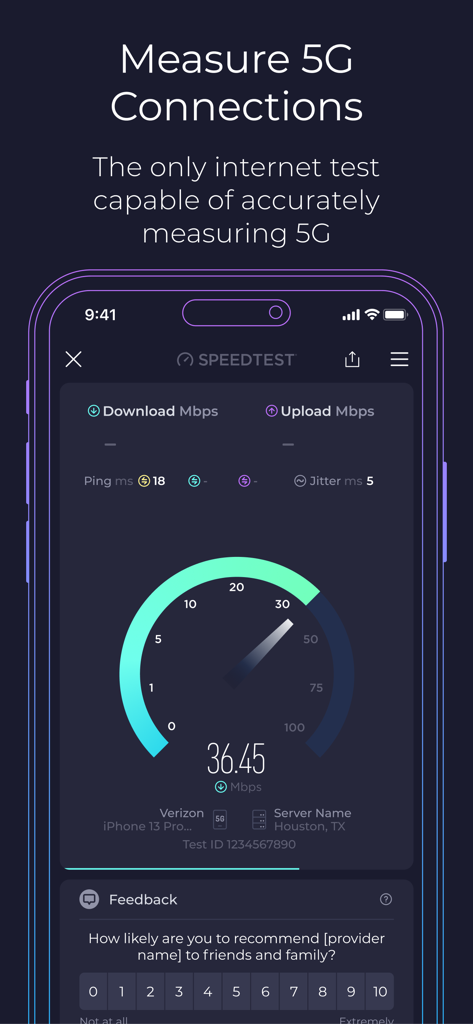 Speedtest app interface displaying a 5G internet speed test result on an iPhone