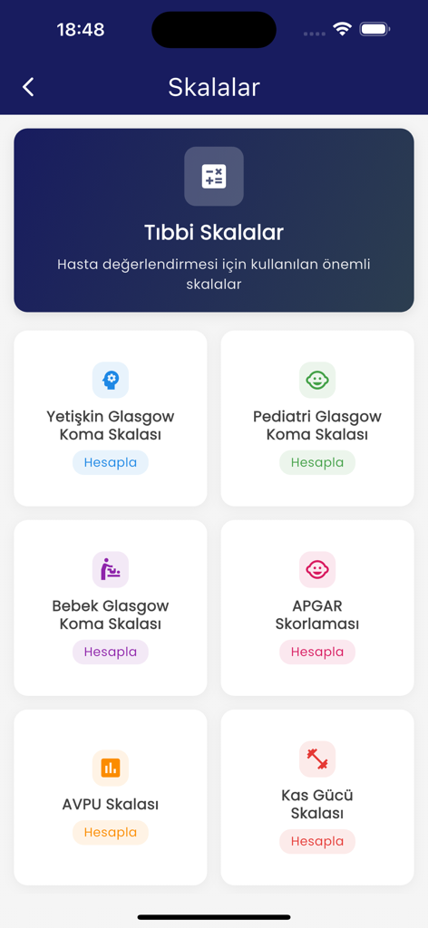 Bildschirm einer mobilen Anwendung, die medizinische Skalen und Rechner anzeigt, einschließlich der Glasgow Coma Scale und der APGAR-Bewertung für medizinisches Fachpersonal.