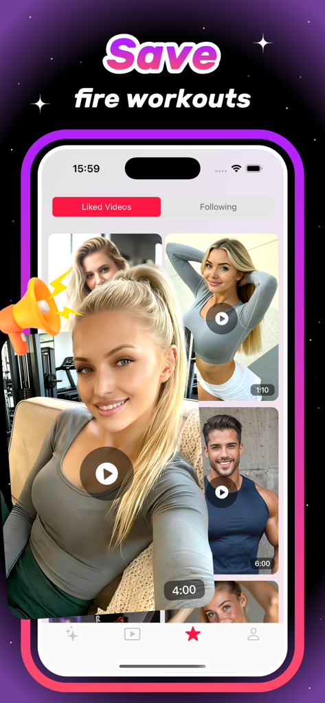Swave - Video - Interface of the Swave app displaying a collection of liked fitness videos from creators