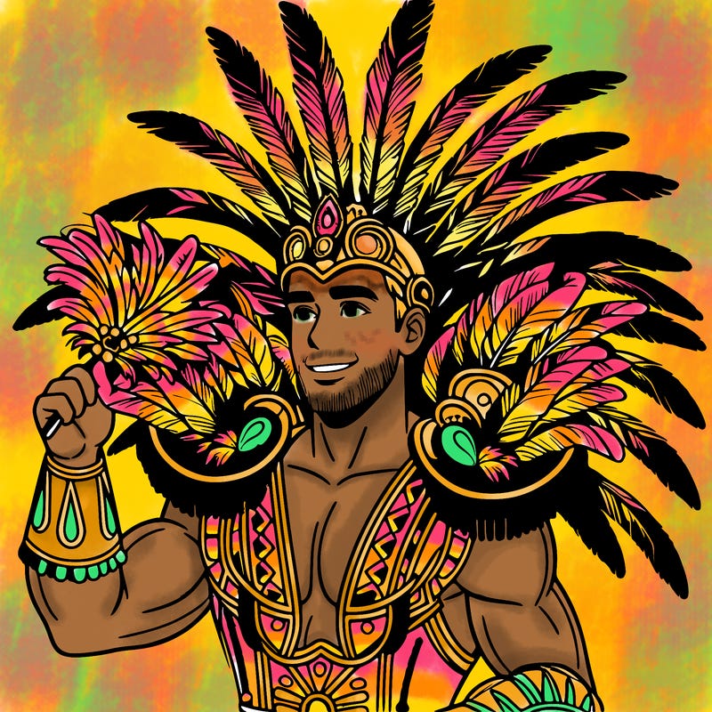 a realistic man  in the carnaval of rio with a carnival costume from brazil with feathers