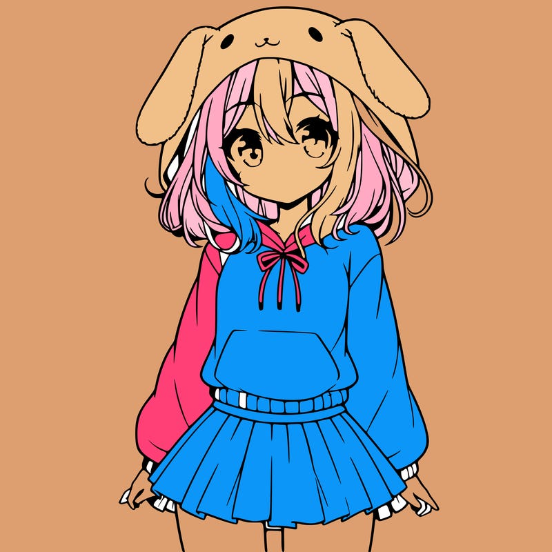 pretty anime girl wearing a fluffy hoodie with bunny ears on the hood and a skirt